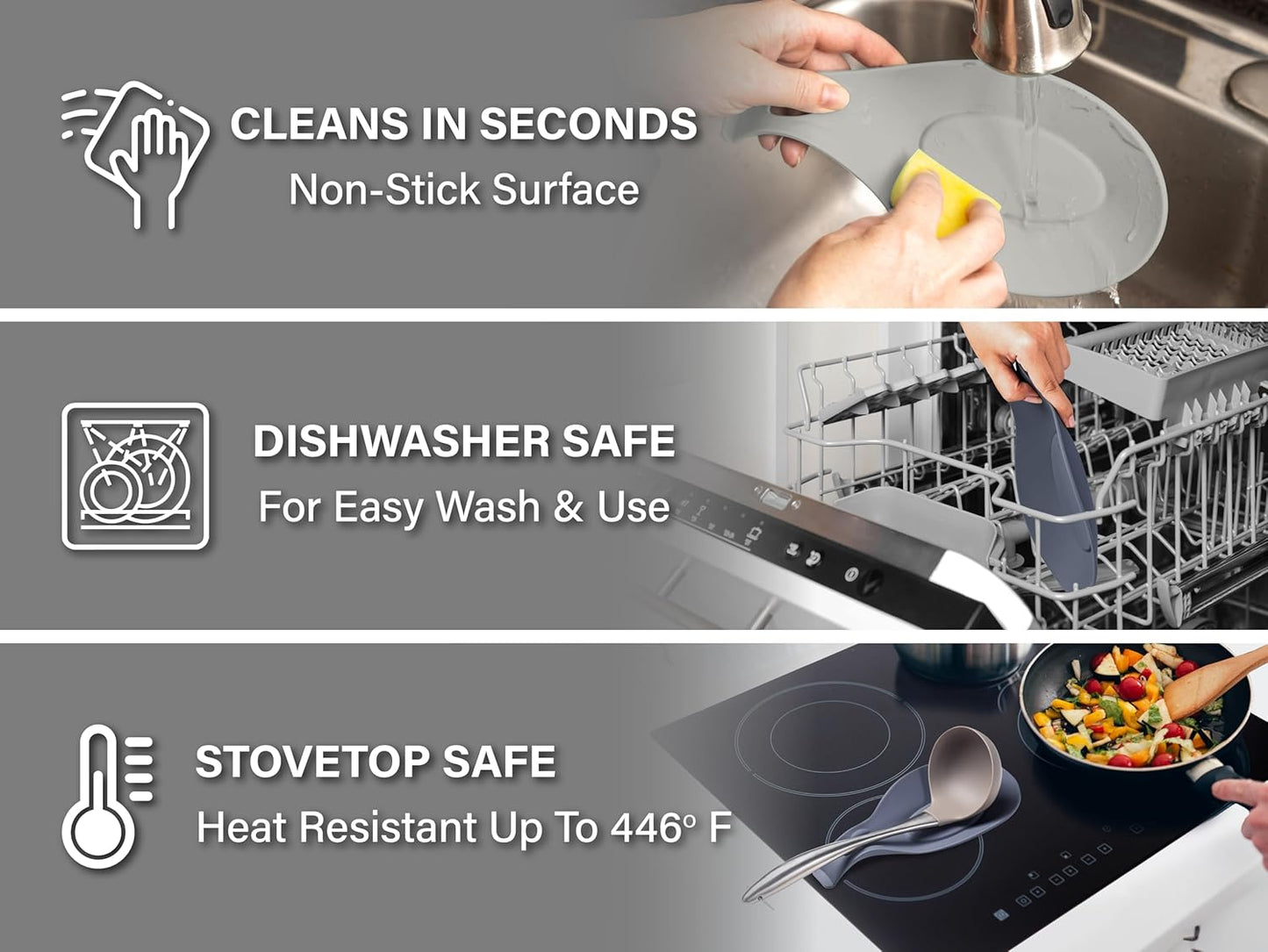 Kitchen Spoon Rest for Kitchen Counter, Set of 3 - HEAT RESISTANT, EASY TO CLEAN, Silicone Spoon Rest for Stove Top, Holds XL Utensils, Safe on GLASS & INDUCTION Cooktops, DOESN’T BREAK if Dropped