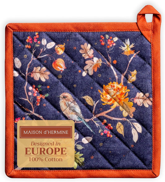 Maison d' Hermine Pot Holders 100% Cotton Heat Resistant Potholders 8" x 8" Hot Pads with Loop BBQ, Cooking, Baking, Grilling, Kitchen, Handling Hot Pans (Pack of 1, Kelim - Infinity)