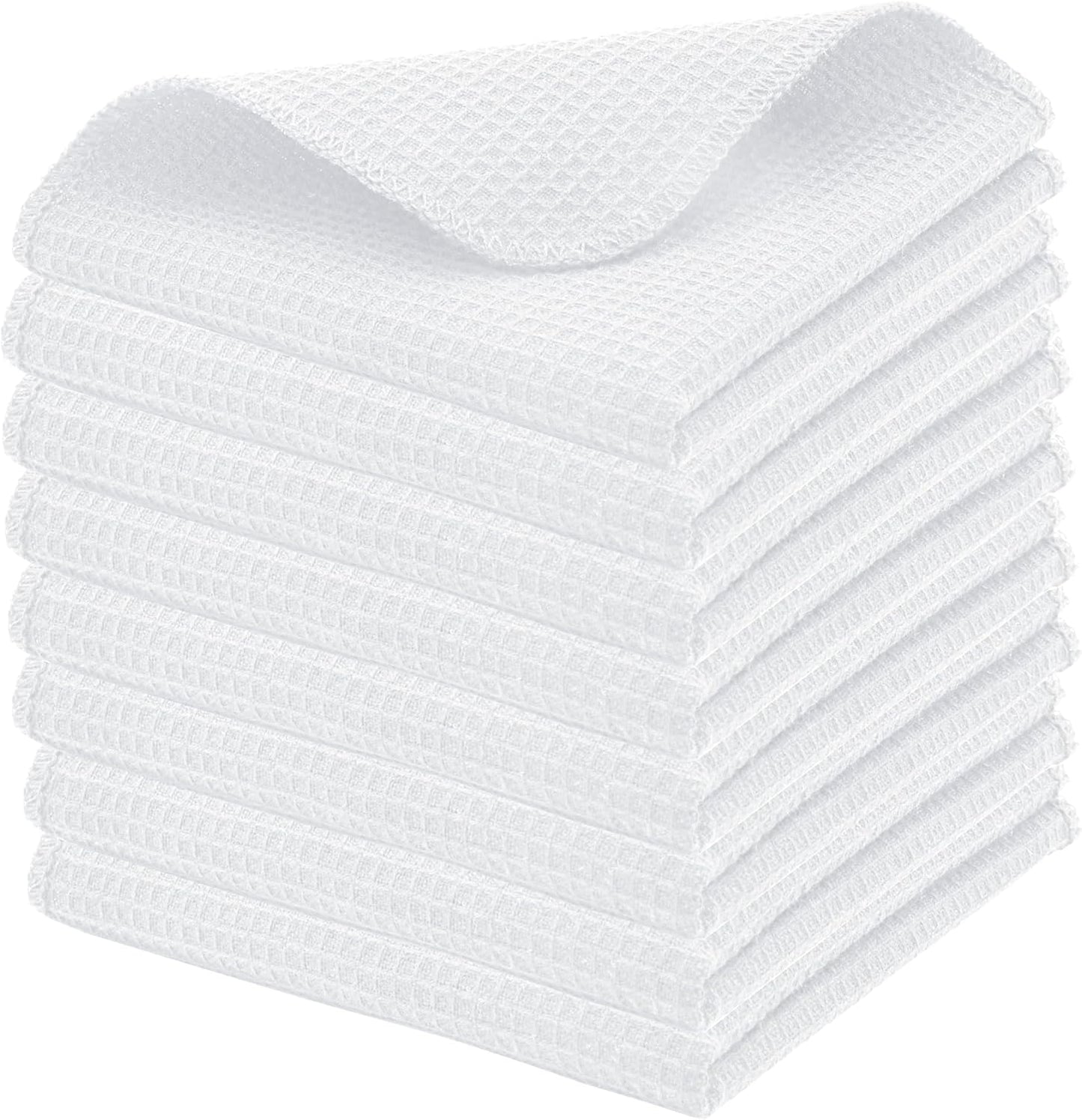 PurpleEssences Dish Cloths and Dish Rags - 8 Pack Waffle Weave Solid Kitchen Dish Wash Cloths, 100% Cotton, 12 x 12 Inches, Ultra Soft Absorbent Quick Drying - Spring Summer - White