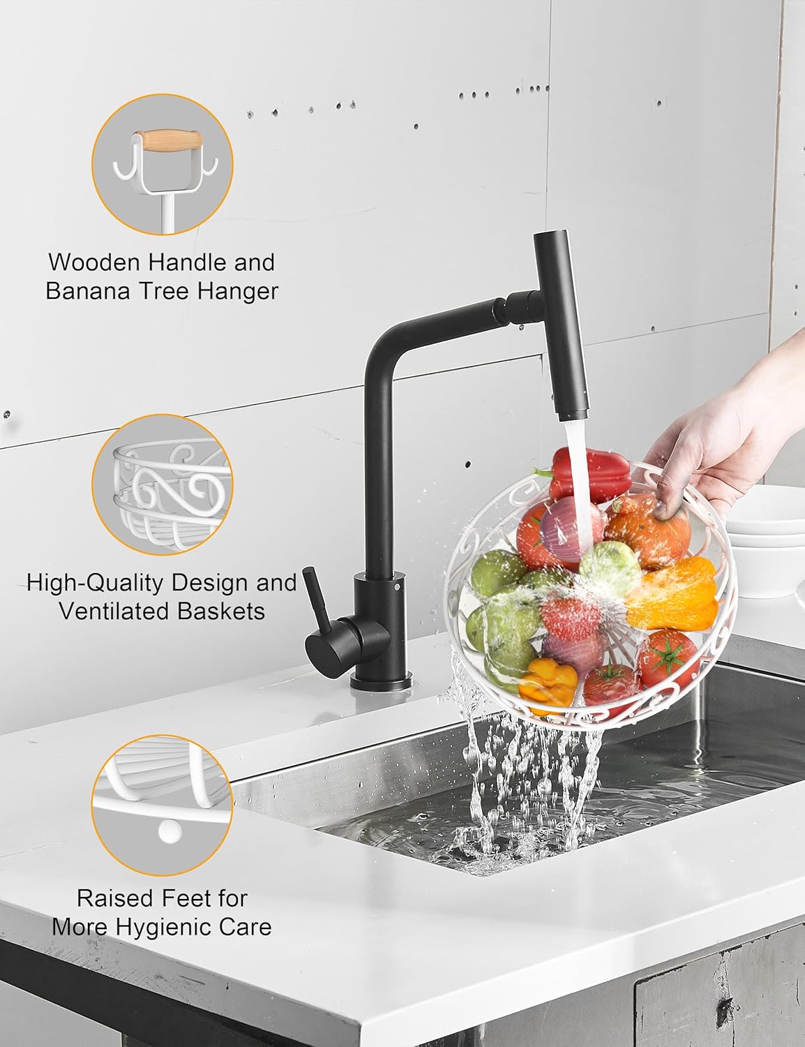 2-Tier 𝐅𝐫𝐮𝐢𝐭 𝐁𝐚𝐬𝐤𝐞𝐭 and Fruit Bowl - Fruit and Vegetable Storage with Banana Tree Hanger and Wood Handle, Fruit Basket for Kitchen Counter, for Bread Onions Potatoes Veggies Produce