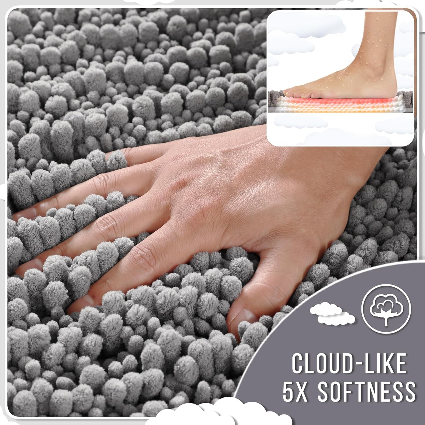 Yimobra Long Bathroom Rugs Non Slip Washable 44x24 Inch - Ultra Soft Absorbent Chenille Bath Mat, Quick Dry Shaggy Floor Carpet for Tub Shower, Gray Home Decor Accessories