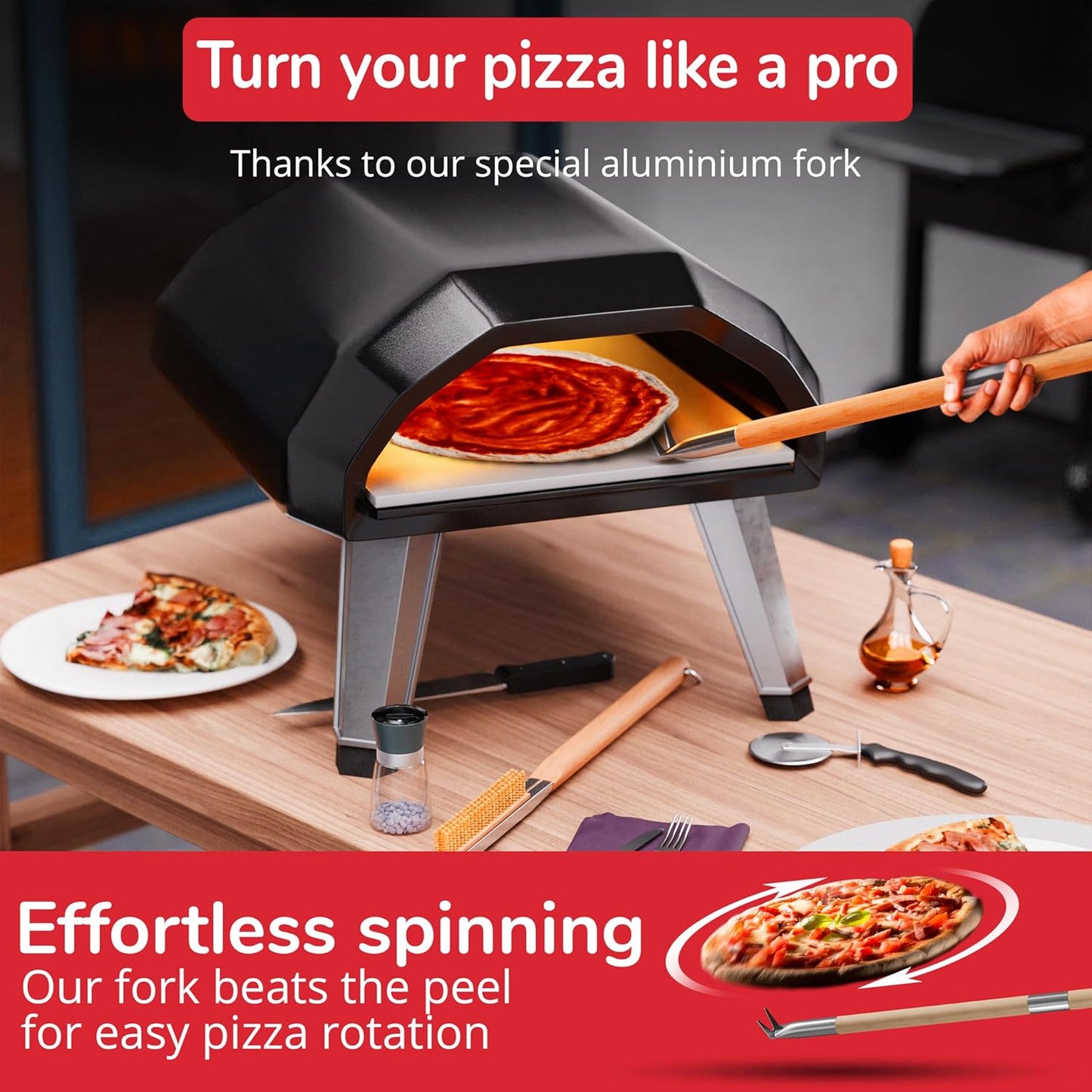 Pizza Turner Fork & Bubble Popper - Easy Pizza Rotation for Evenly Baked Crust - Adjustable Handle [26"-32”]