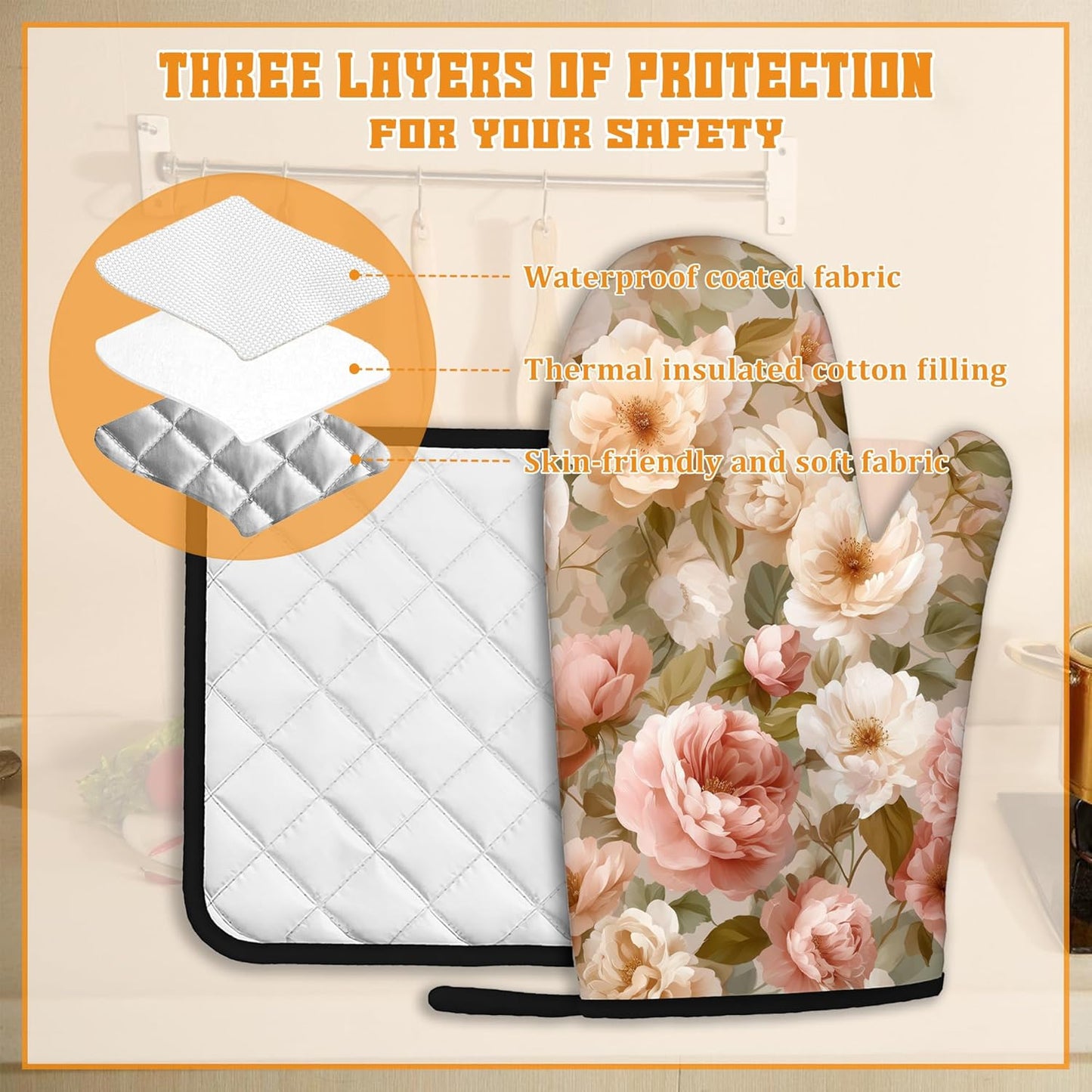 Pink Roses Oven Mitts and Pot Holders Set,Peony Flower Kitchen Oven Gloves and Pot Holder with Heat Resistant Non Slip for Cooking Baking Grilling(4 Piece Set)