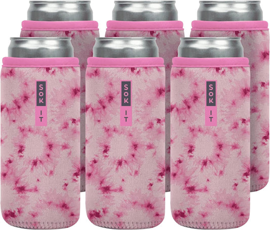 Sok It CanSok 6 Pack Sleeve for Beer & Soda Insulated Neoprene Cover (Pink Splash Tie Dye, 12oz Slim Can Sleeve - 6 Pack)