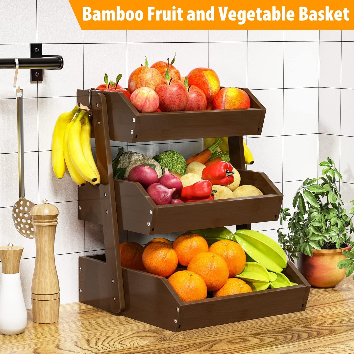 Bamboo Fruit Basket for Kitchen–3 Tier Fruit Bowl For Kitchen Counter, Large Fruit Holder With 2 Banana Hangers, Idea For Fruit and Vegetable Storage, Bread Basket, Snack Organizer(WALNUT)