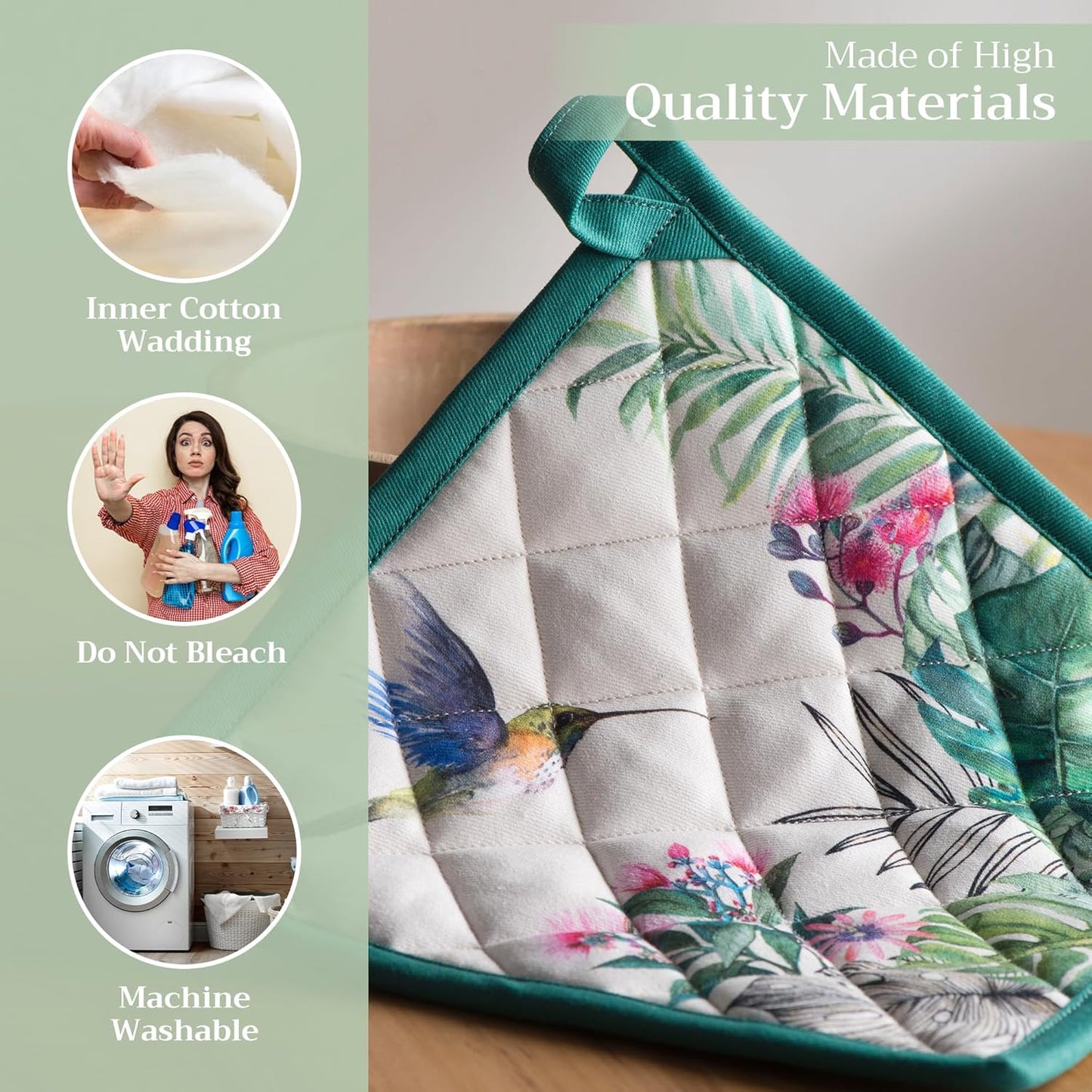 Maison d' Hermine Pot Holders 100% Cotton Heat Resistant Potholders 8" x 8" Hot Pads with Loop BBQ, Cooking, Baking, Grilling, Kitchen, Handling Hot Pans Spring/Summer (Pack of 1, Tropiques)