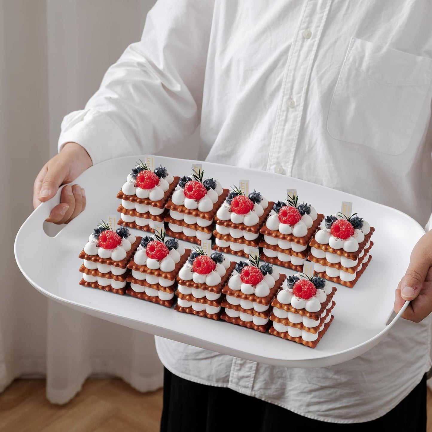 Extra Large Serving Platter, Set of 2, 18.75 x 14.375 x 2 Inch Large Melamine Serving Tray with Handle,Rectangular Serving Trays for Party, Big Turkey Platter, Dishwasher Safe, Matte White