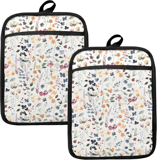 Vintage Floral Oven Mitts Set, Colorful Wildflowers Floral Heat Resistant Kitchen Oven Gloves for Baking and Cooking,Pot Holders