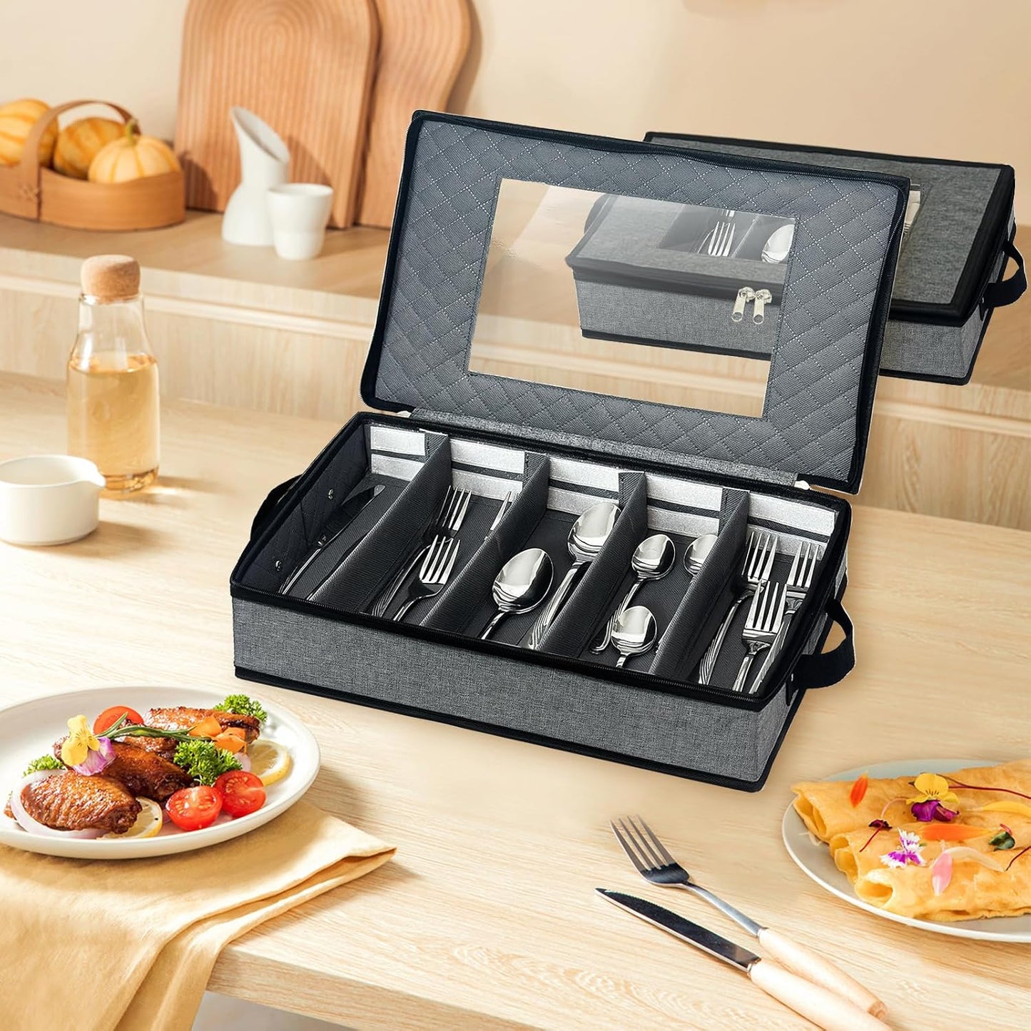 VERONLY 2 Pack Flatware Utensil Storage - Sturdy Silverware Storage Box with Dividers, 5 Compartment Flatware Storage Case with Handles and Removable Lid for Moving&Protected(Dark Gray)