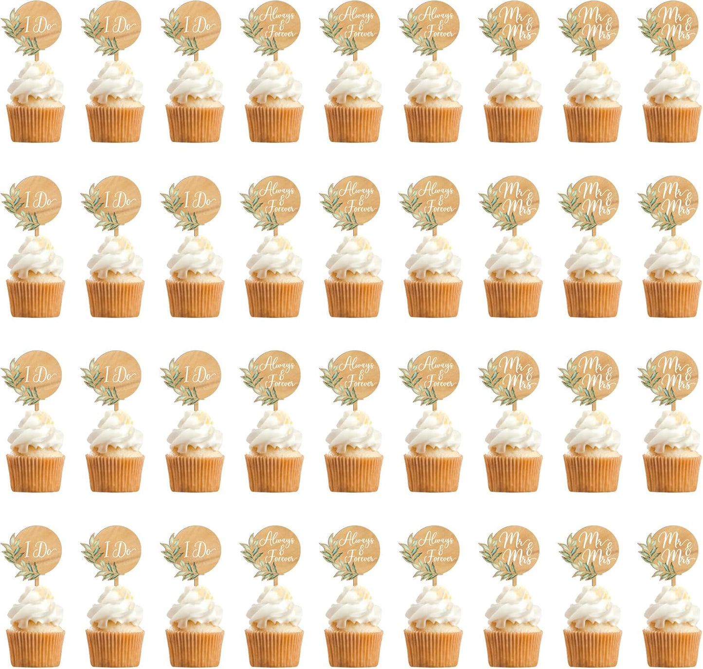 36 PCS Greeny Wedding Cupcake Toppers in Wood Mr & Mrs Engagement Cupcake Decorations
