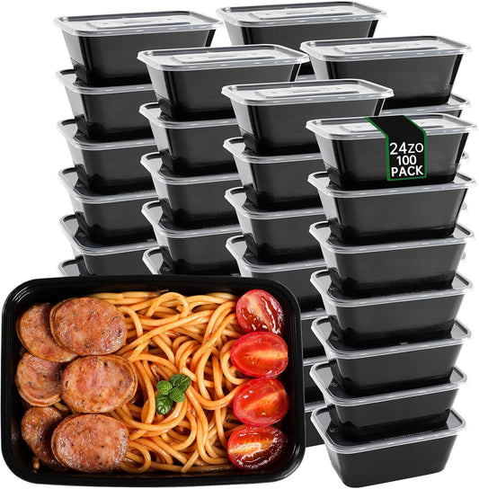 100pc 24 Oz Meal Prep Containers disposable, Plastic Food Take Out Containers With Lid, Take Out Containers Disposable, Reusable food storage containers,Microwave Freezer Dishwasher Safe