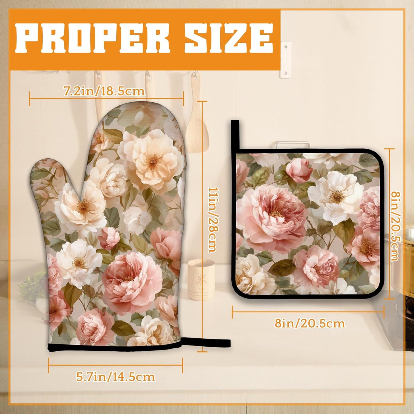 Pink Roses Oven Mitts and Pot Holders Set,Peony Flower Kitchen Oven Gloves and Pot Holder with Heat Resistant Non Slip for Cooking Baking Grilling(4 Piece Set)