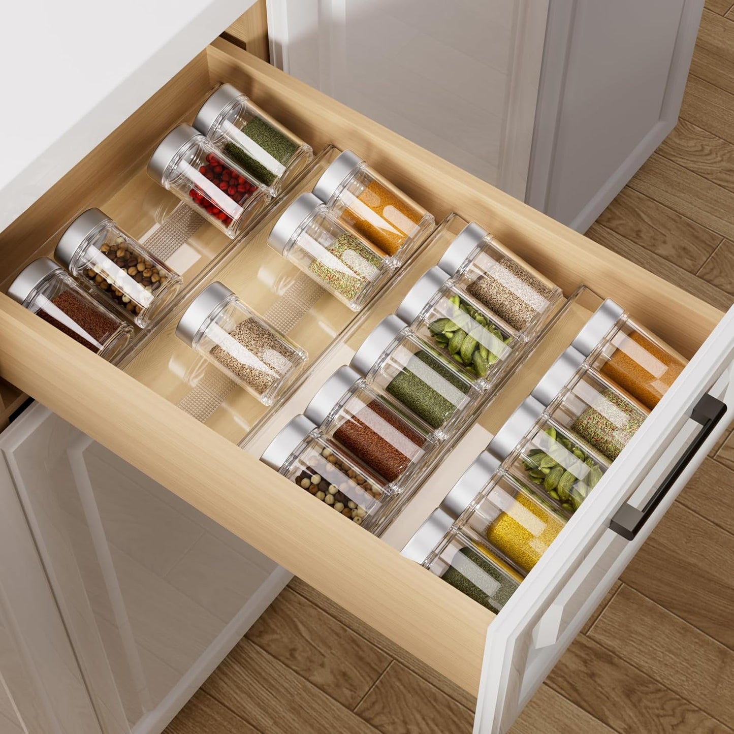 MIUKAA Acrylic Spice Drawer Organizer, 2 Tier - 4 Pack Seasoning Organizer for Drawer, Expandable From 13" to 26" Kitchen Drawer Spice Rack with Slip-Proof Mat (Jars not Included)