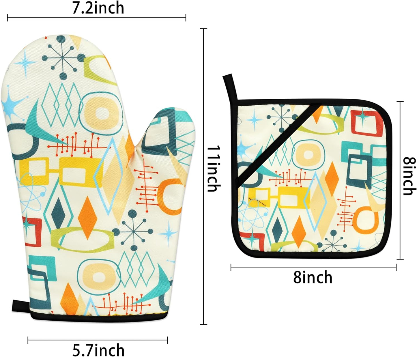 Mid Century Modern Oven Mitts and Pot Holders Sets Washable Oven Gloves Heat Resistant 4 Pcs Decorative Kitchen Hot Pads and Mitts for Baking Cooking Grilling