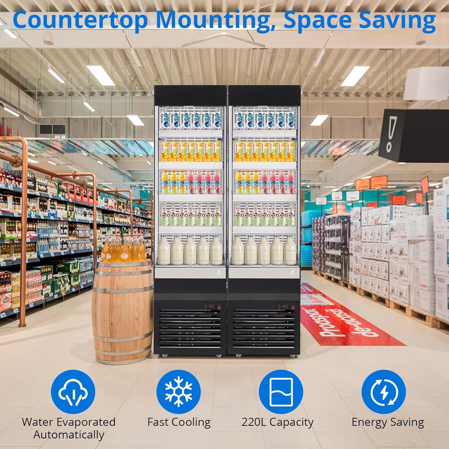 7.77 Cu.Ft. Commercial Display Refrigerator, Countertop Pastry Display Case with Glass Door and Casters, Merchandiser Refrigerator with Adjustable Shelves for Cafe, Restaurant, Store, Bar, Bakery