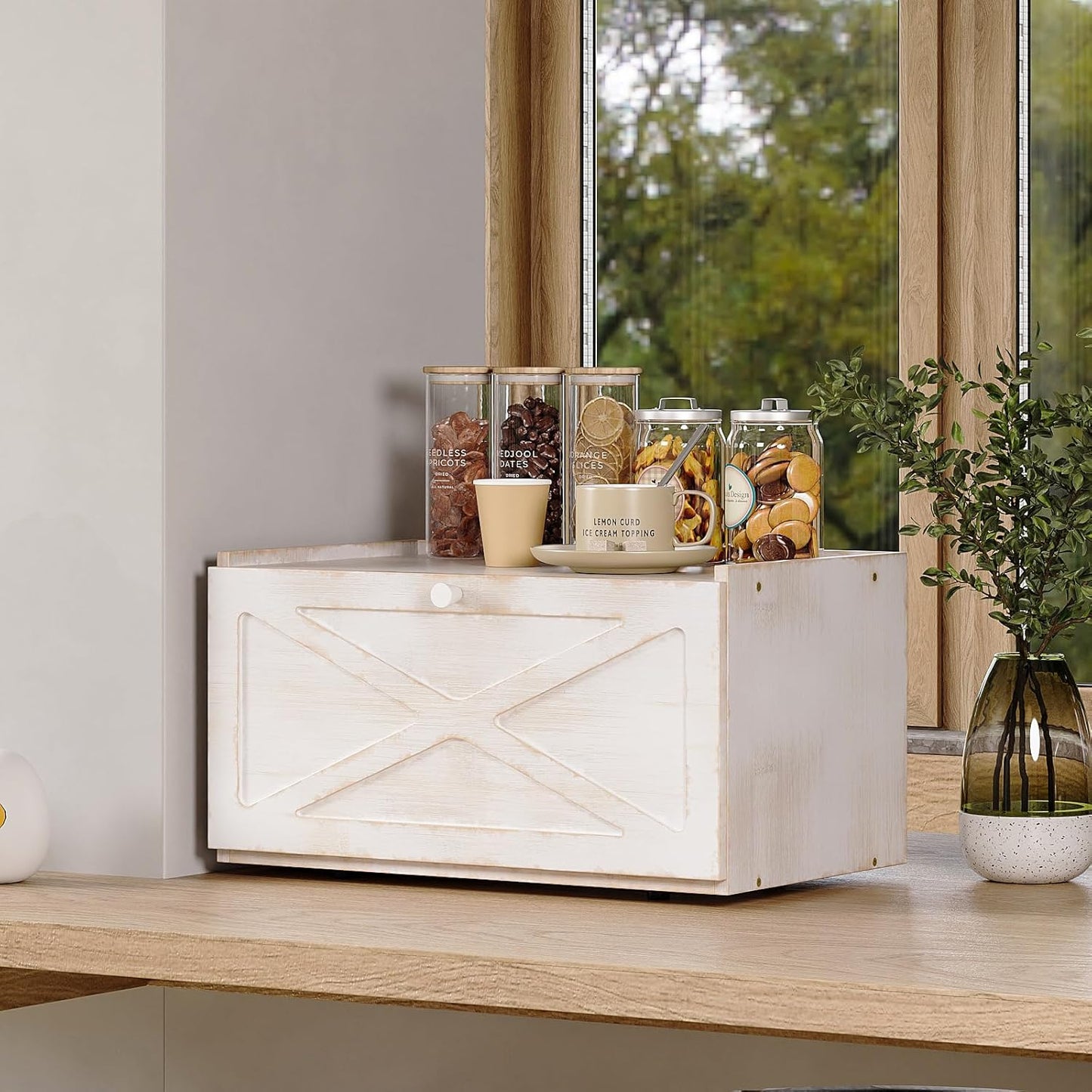 Bamboo Bread Box for Kitchen Counter Farmhouse Bread Storage Container Large Capacity Bread Storage Bin Bread Holder (Antique White)