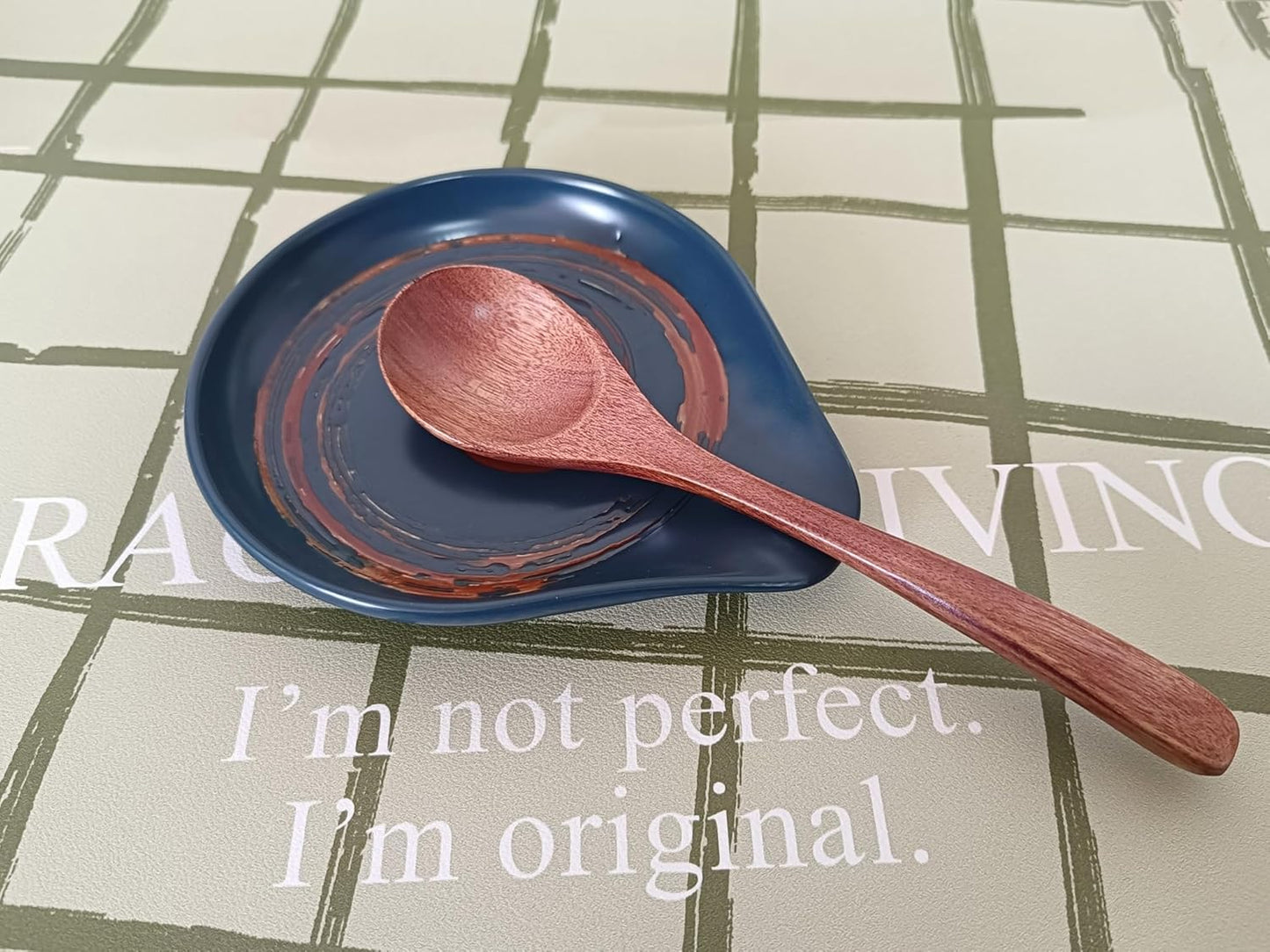 Ceramic Spoon Rest for Stove Top, Hand Painted Brown Swirl Spoon Rest for Kitchen Counter, Retro Cooking Spoon Holder for Kitchen Counter, Utensil Rest for Spatula Ladle or Tong (Navy Blue)