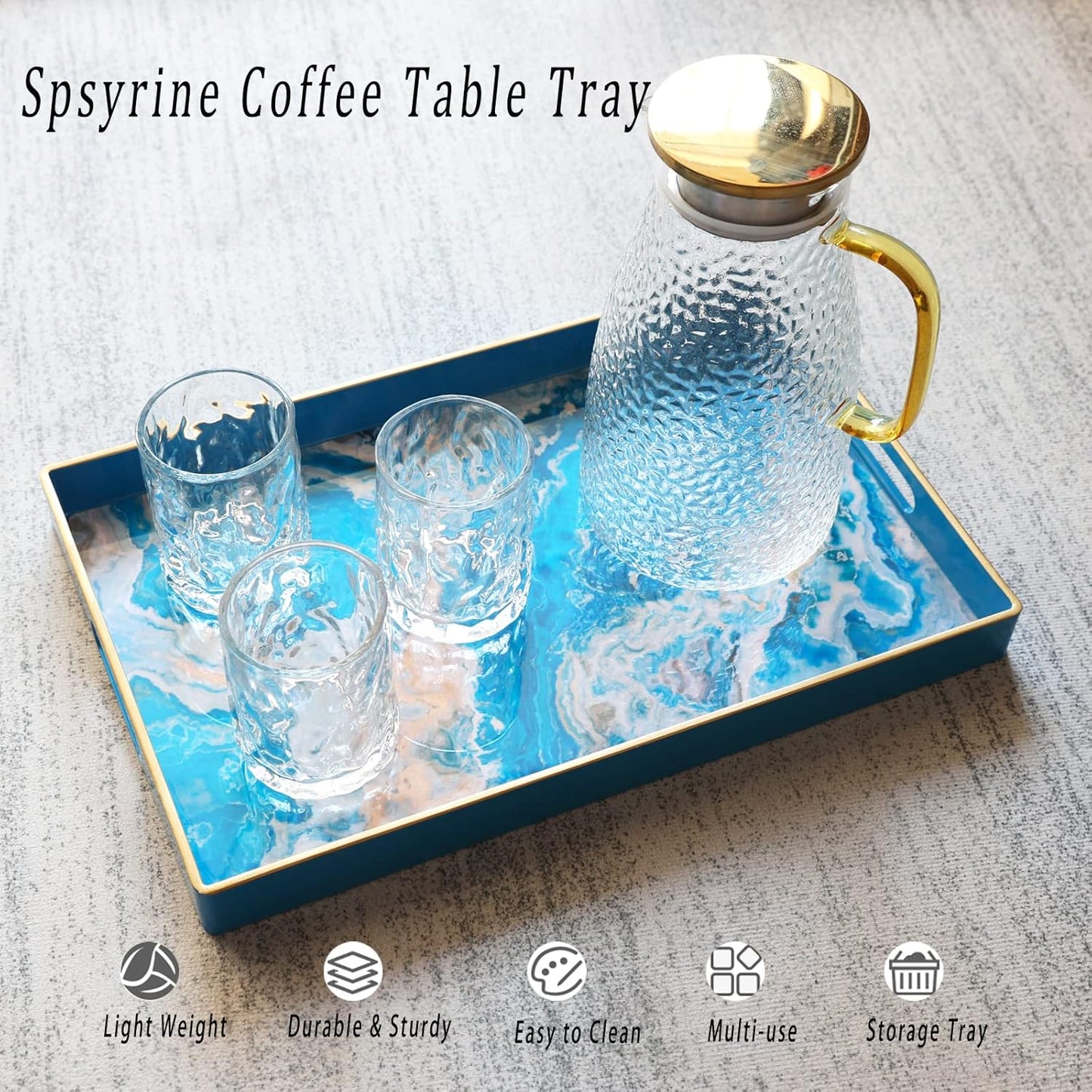 Spsyrine Serving Tray, Plastic Rectangular Coffee Table Tray with Handles, Marble Decorative Tray for Living Room, Ottoman, Bathroom Decor. 15.6” X 10.2" HSRE