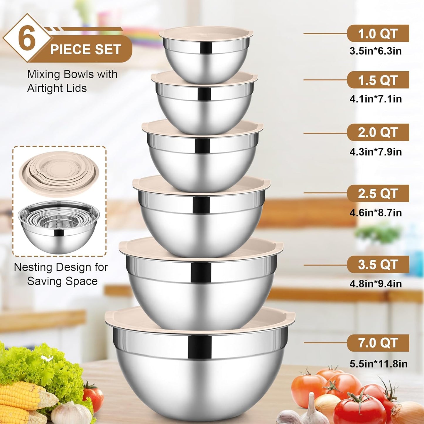 LIANYU Mixing Bowls with Airtight Lids Set, 6 Piece Stainless Steel Metal Kitchen Nesting Bowl, Size 7, 3.5, 2.5, 2, 1.5, 1QT for Prepping, Baking & Food Storage, Dishwasher & Freezer Safe, Khaki
