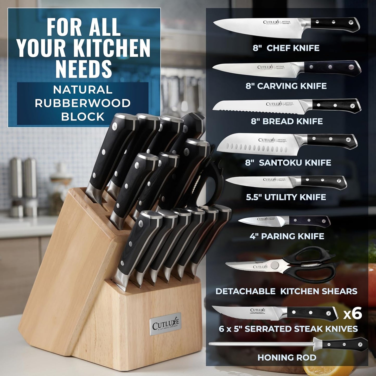 Cutluxe 15-Piece Knife Set – Premium Rubberwood Wood Block – Knife Set for Kitchen, Ultra Sharp High Carbon German Stainless Steel, Full Tang – Artisan Series