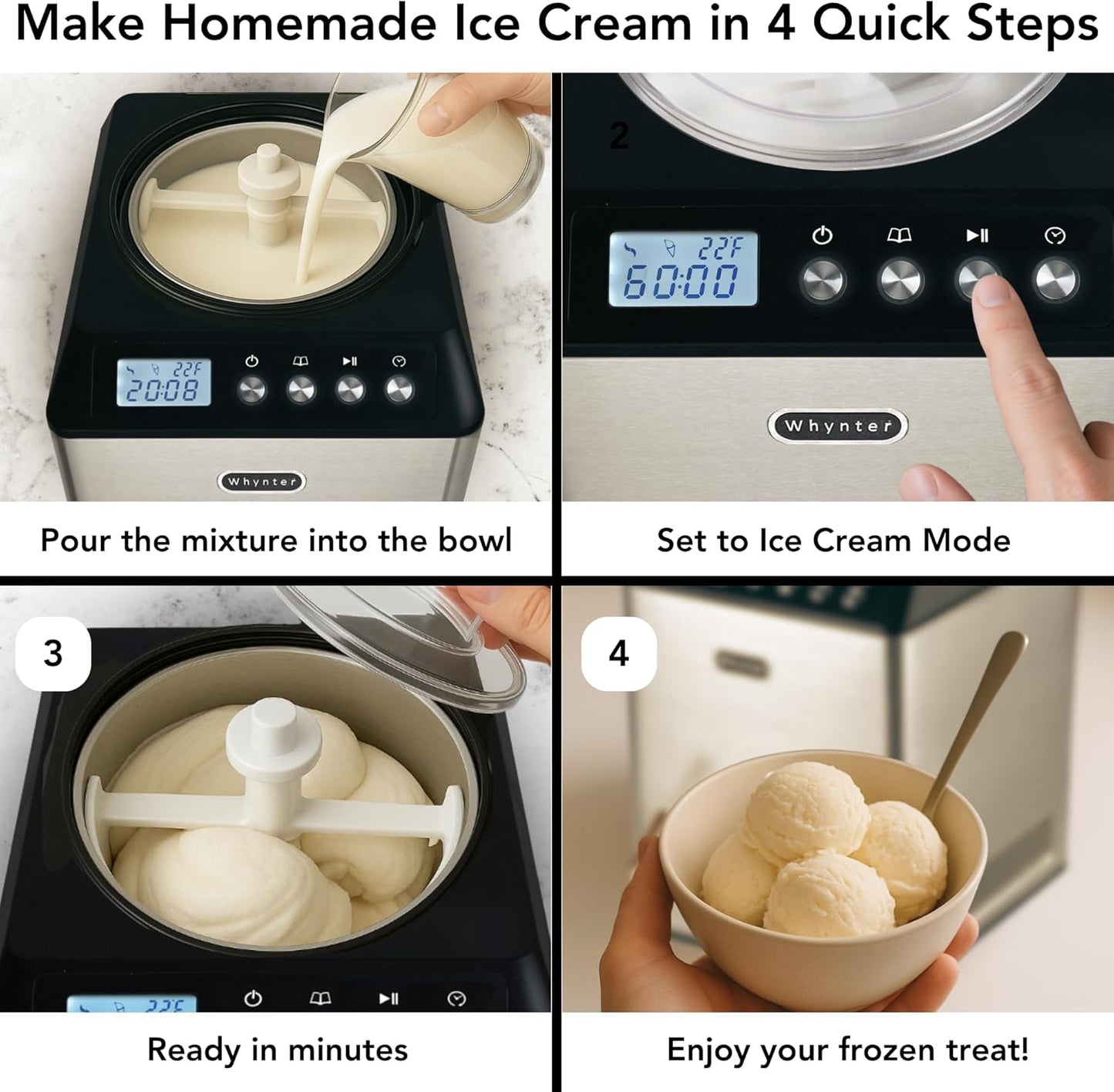 Whynter Ice Cream Maker Machine Automatic 2.1 Qt. Upright with Built-In Compressor, LCD Digital Display & Timer, No Pre-Freezing, ICM-201SB, Stainless Steel