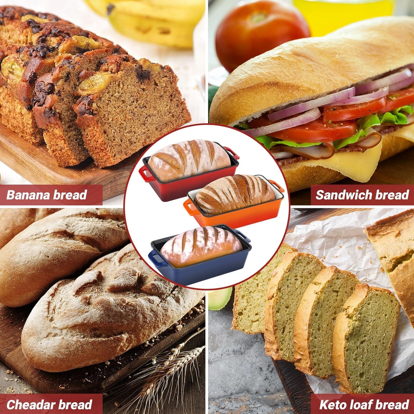 Enameled Cast Iron Loaf Pan with Lid, Best Bread Oven, Bread Loaf Pans for Baking Homemade Sourdough Bread 9x5, 2 Piece set, Flame