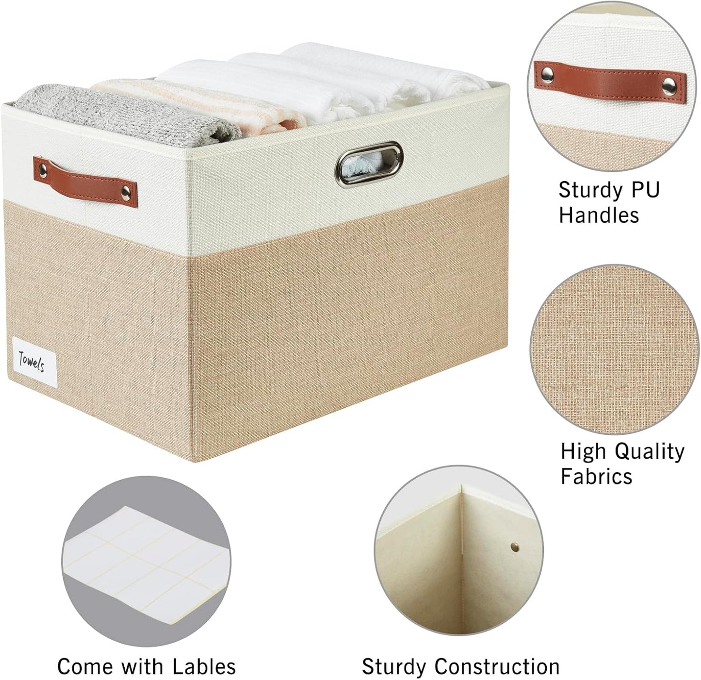 Large Collapsible Fabric Storage Bins with 3 Handles, Foldable Organizer Baskets for Closet, Shelves, Living Room | 3 Pack, Durable PU & Metal Handles (17"x11.8"x11.8", Beige & White)