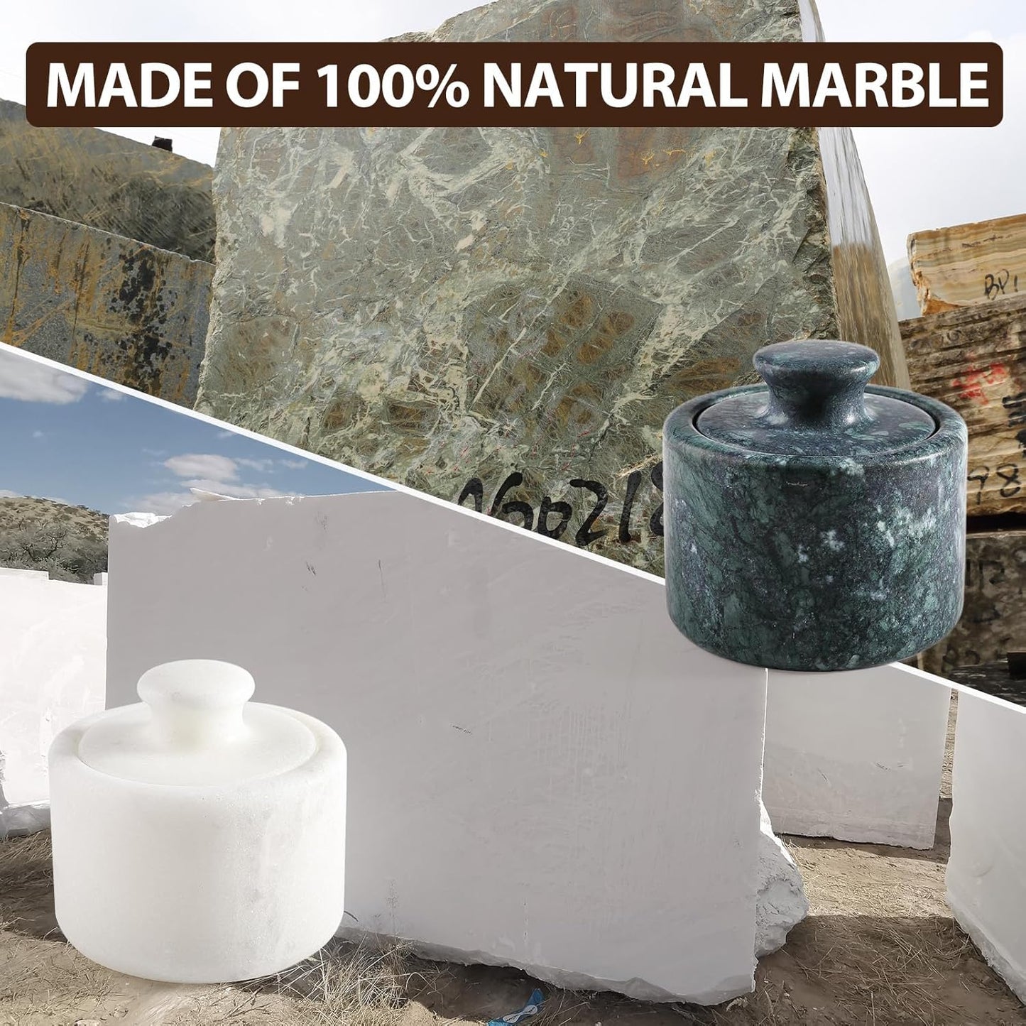 Koville Marble Salt Cellar White and Green Salt Holder with Lid for Kitchen Table Décor, Elegant Modern Handcrafted Seasoning Container for Countertop, Salt and Pepper Holder & Coffee Beans Storage