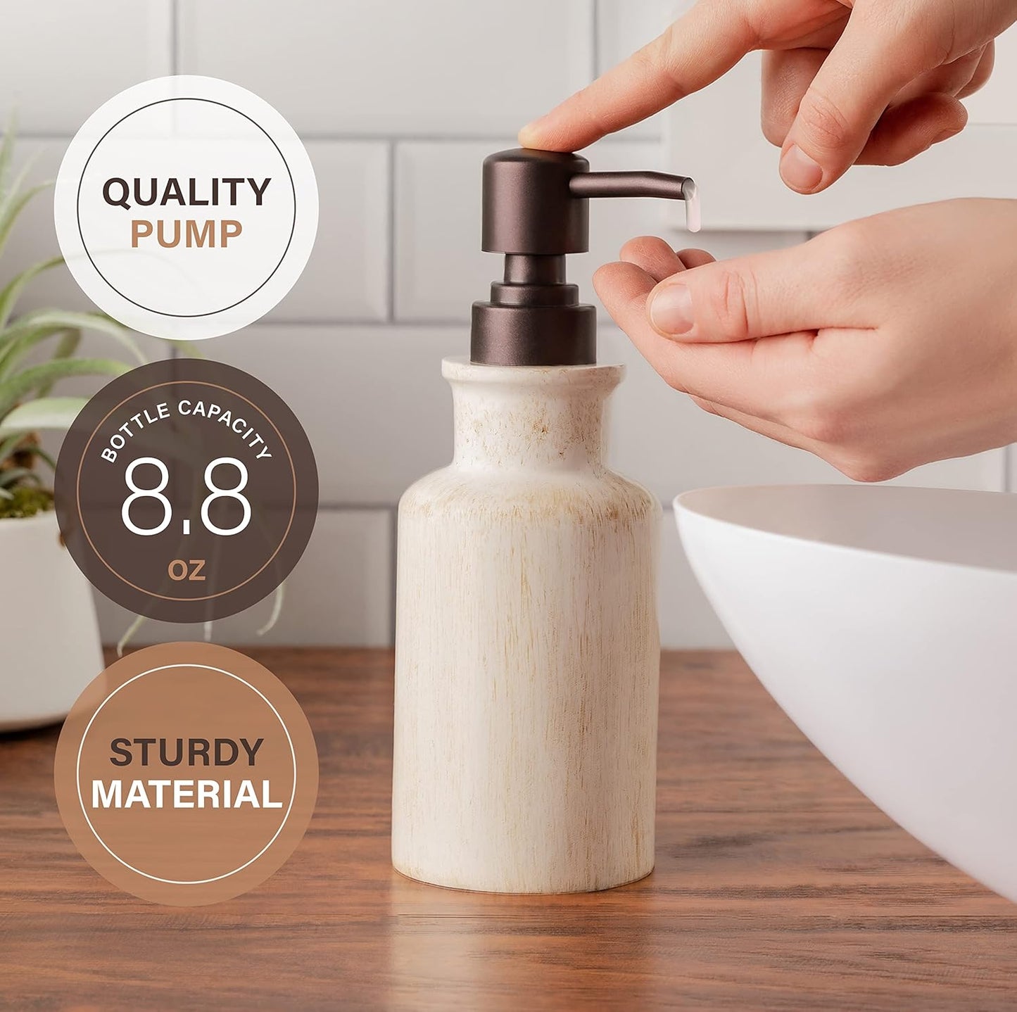 Creative Scents Rustic Luxe Bathroom Accessory Set Complete - 4 Piece Beige Bathroom Soap Dispenser Set has: Lotion Dispenser, Toothbrush Holder, Tumbler & Soap Dish; Modern Farmhouse Bathroom Decor