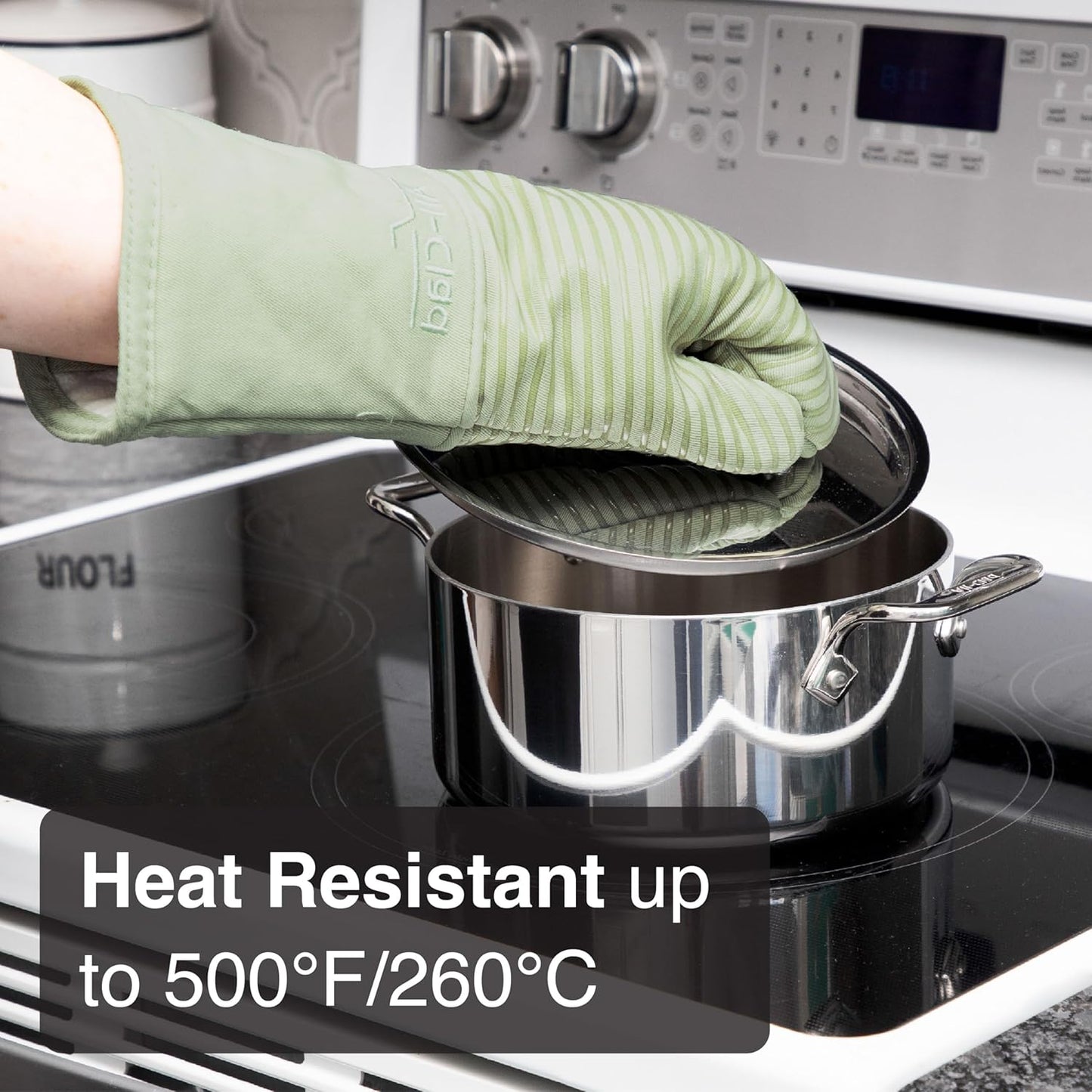 Extra Long Silicone Oven Mitts Heat Resistant 500 Degrees, 1 Pack, 14"x7" Fennel, All-Clad Kitchen Textiles