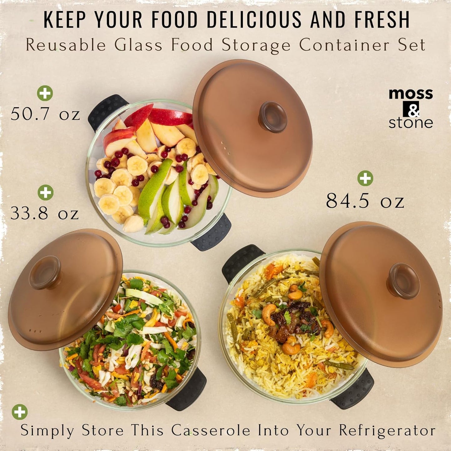 Moss & Stone 6-Piece Borosilicate Glass Casserole Set with Durable Plastic Lids – 2.6/1.5/1 Qt Oven & Microwave Safe Glass Baking Dishes for Cooking, Serving & Kitchen Storage