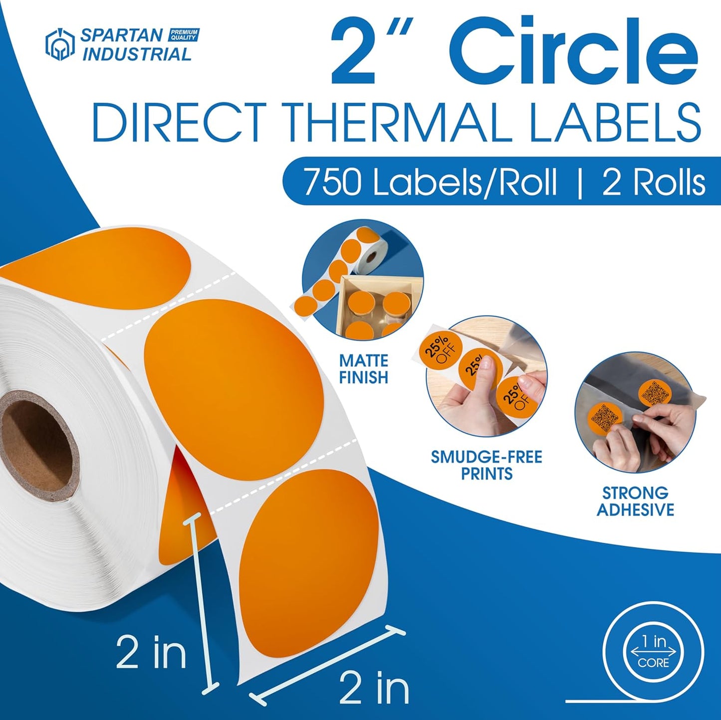 Spartan Industrial - 2" Direct Thermal Circle Labels - Orange Round Stickers for Color Coding, Inventory Tags, and More (2 Rolls, 750/Roll)