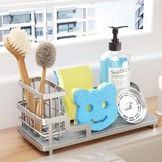 Consumest Sponge Holder for Kitchen Sink - Sink Caddy Organizer with Water Absorbing Stone Tray, Detachable Brush Holder, Stainless Steel Kitchen Counter Organizer Rack, Sand Nickel