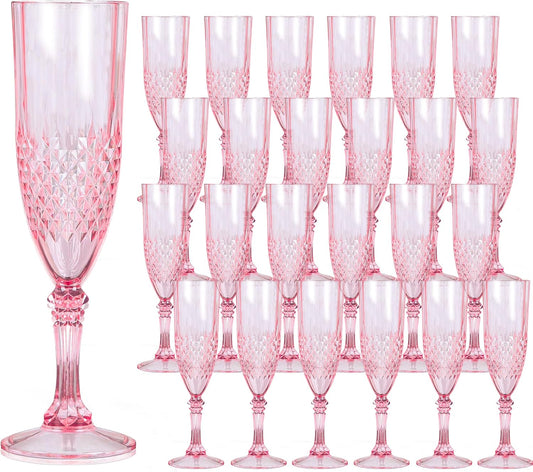 Plastic Champagne Flutes, 24PCS Pink Plastic Wine Glasses Goblets Reusable Champagne Flute for Weddings, Bachelor Parties, Toasting, and Events (24, Pink)