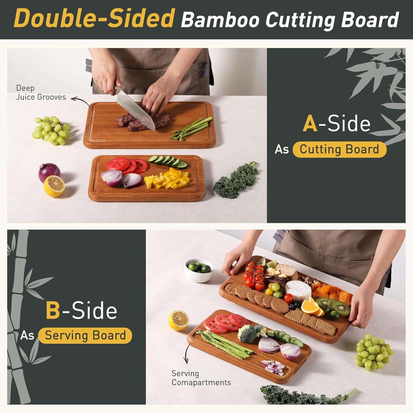 2 Packs Wood Cutting Board, Carbonized Bamboo Cutting Boards Set With Smooth Surface & Easy Storage For Busy Kitchens, Ideal Charcuterie & Chopping, Durable, Knife-Friendly for Meat Vegetables Fruits