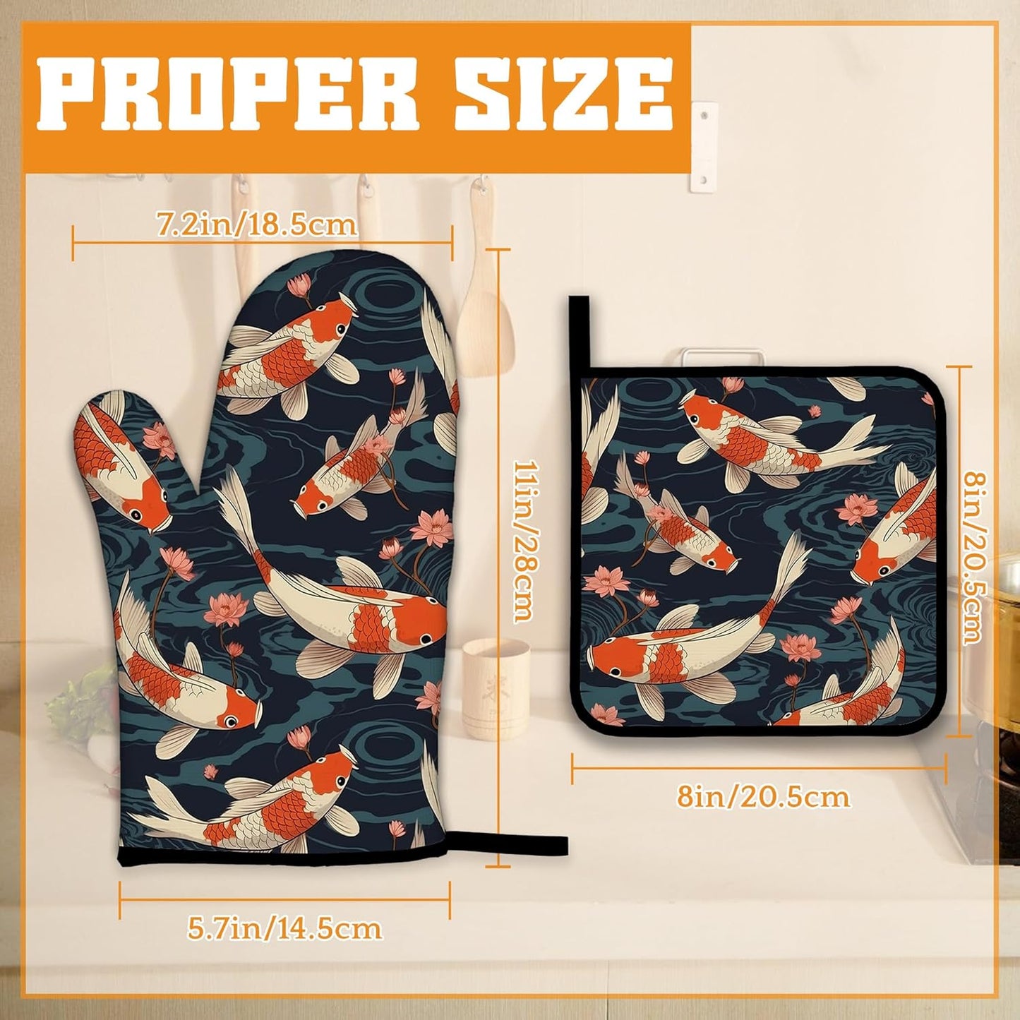 Goldfish Flower Japanese Oven Mitts and Pot Holders,Heat Resistant Oven Mitts Gloves and Pot Holder for Home Kitchen Decorations Cooking Baking BBQ Gifts,Set of 4