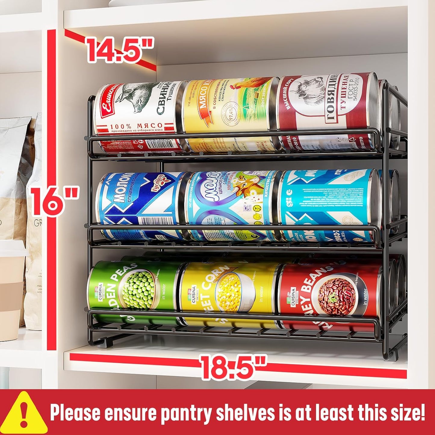 SUFAUY 3 Tier Can Organizer for Pantry, Holds 36 Cans for Cabinet Storage or Kitchen Shelves, 12" d X 16.5" w X 14" h, Black