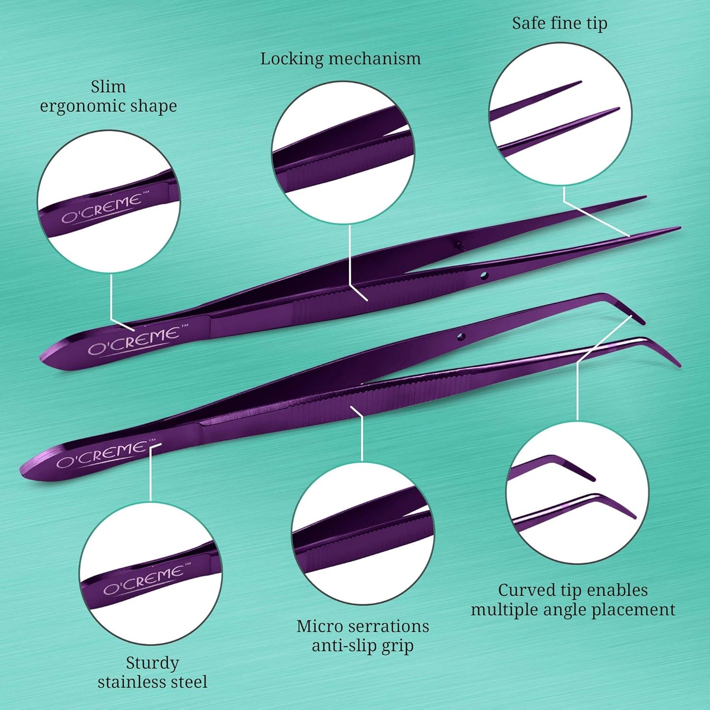 O'Creme Purple Stainless Steel Precision Kitchen Culinary Fine-Tip Tweezer Tongs, 1 Curved and 1 Straight