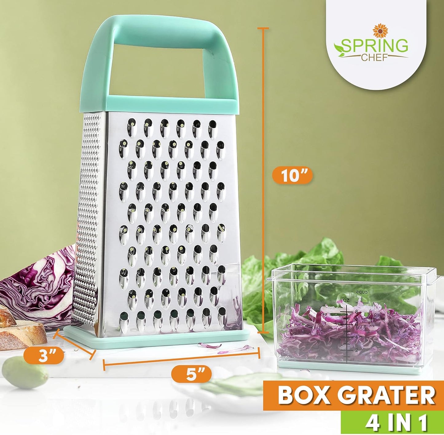 Spring Chef Professional 10" Parmesan Cheese Grater With Container, Stainless Steel & Soft Grip Handle, Handheld Kitchen Cheese Shredder, Box Grater with 4 Sides for Potato, Carrot, Veggie - Mint