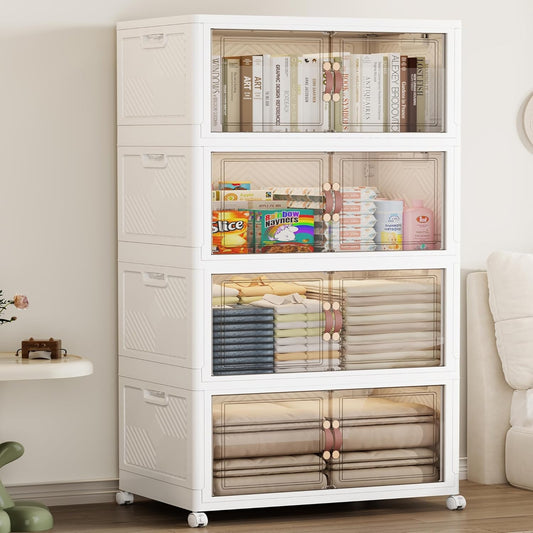 SAILUN 433QT/108 Gal Extra Stackable Storage Bins Large Collapsible Storage Bins with Wheels and Lid, Open Front Folding Closet Organizers and Storage,4Pack 26" W x 17" D x 56.7" H