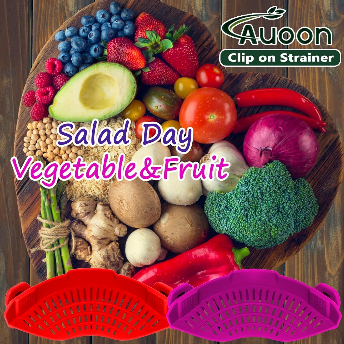 AUOON Clip On Strainer Silicone for All Pots and Pans, Pasta Strainer Clip on Food Strainer for Meat Vegetables Fruit Silicone Kitchen Colander (Purple)