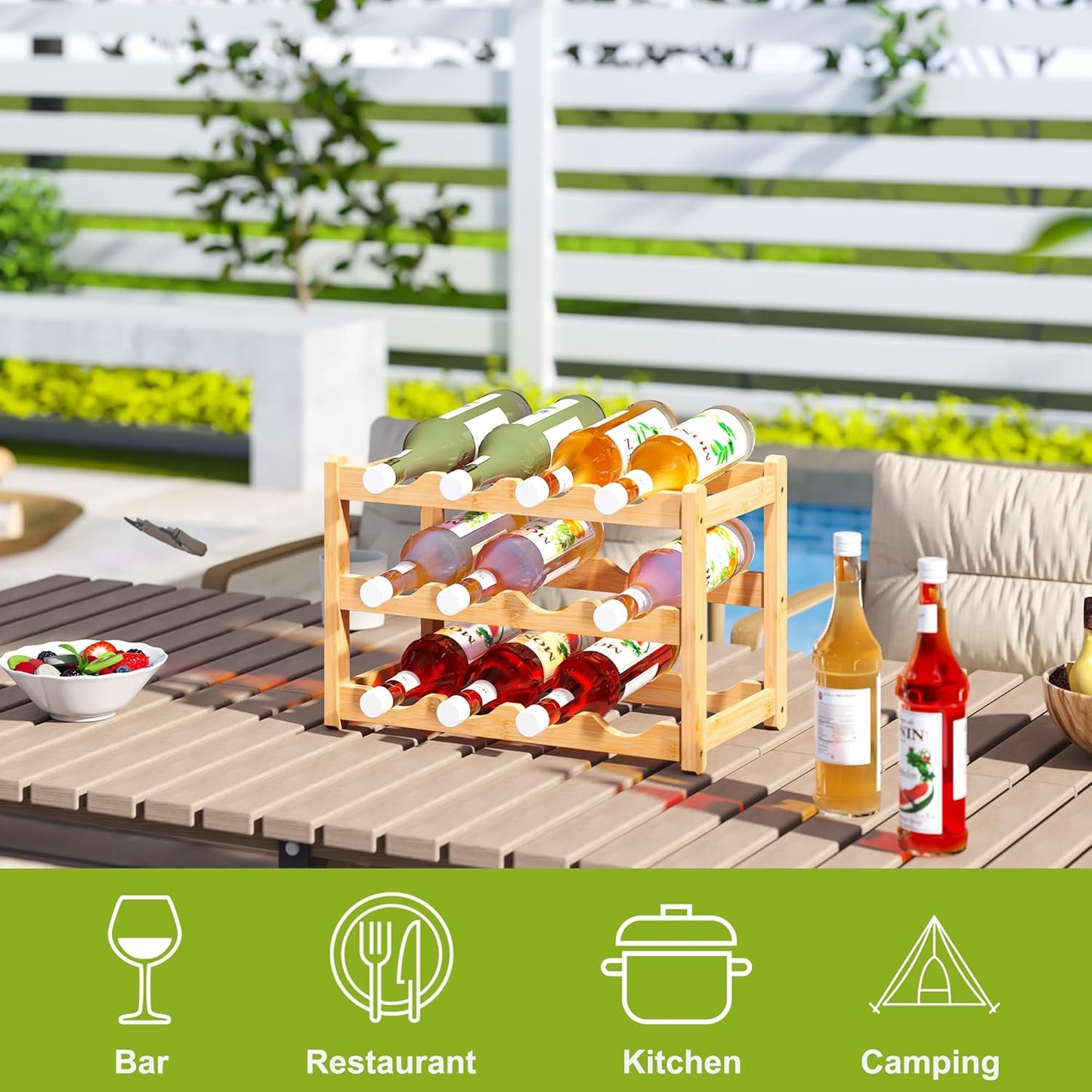 BMOSU Bamboo Wine Rack Wine Storage Cabinet Shelf 12 Bottle Wine Racks Countertop Sturdy for Kitchen Dining Room Pantry - 3 Tiers Wine Rack(Natural)