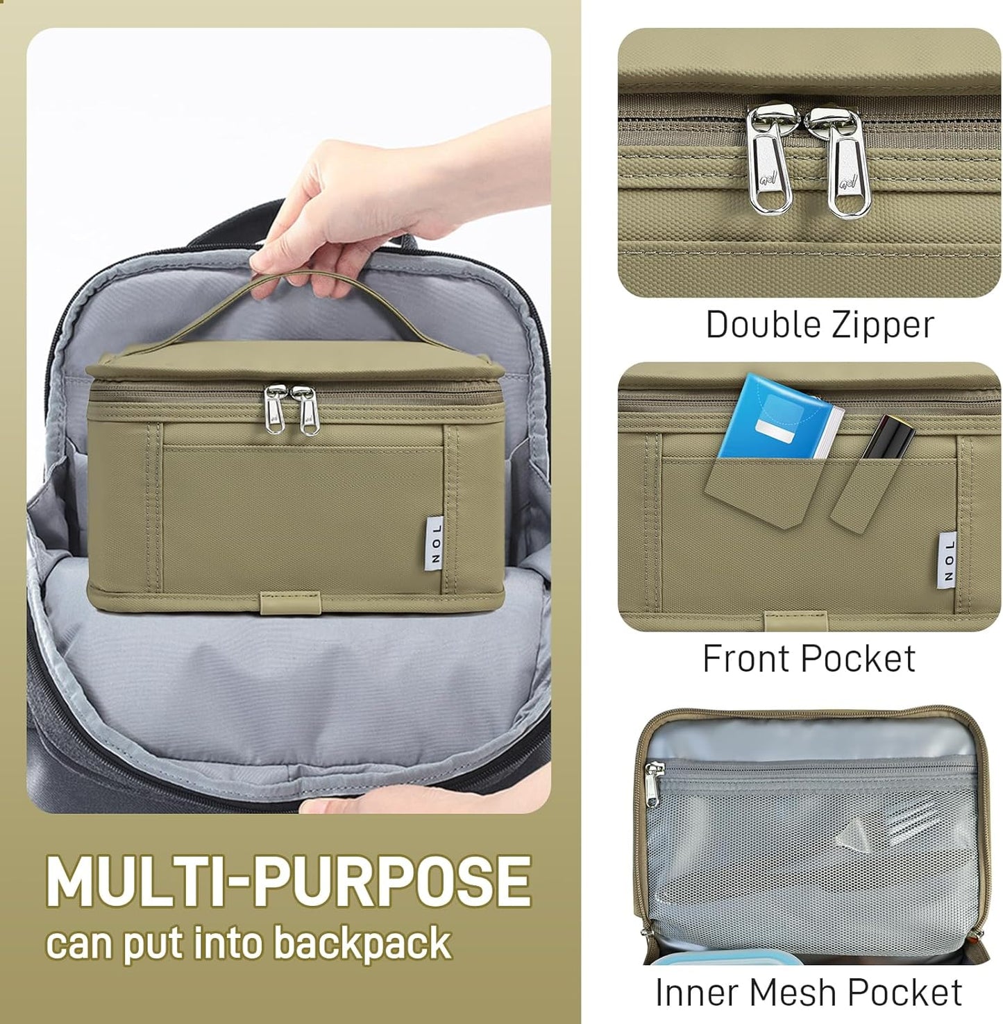 NOL Natural Organic Lifestyle Small Lunch Bag Mini Lunch Box Insulated Lunch Bag for Men/Women Leakproof Cooler Tote Bag Lightweight Nylon Waterproof Lunch Box For Work, Khaki