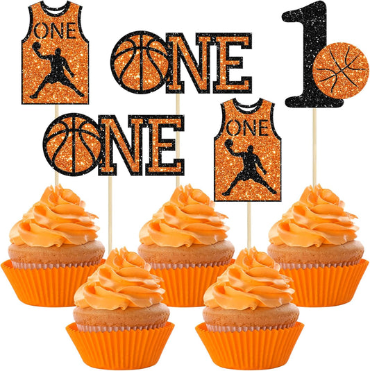 24Pcs Basketball One Cupcake Toppers Glitter Number 1 First Birthday Basketball Cupcake Picks for Sports Theme Baby Shower Kids 1st Birthday Party Cake Decorations Supplies