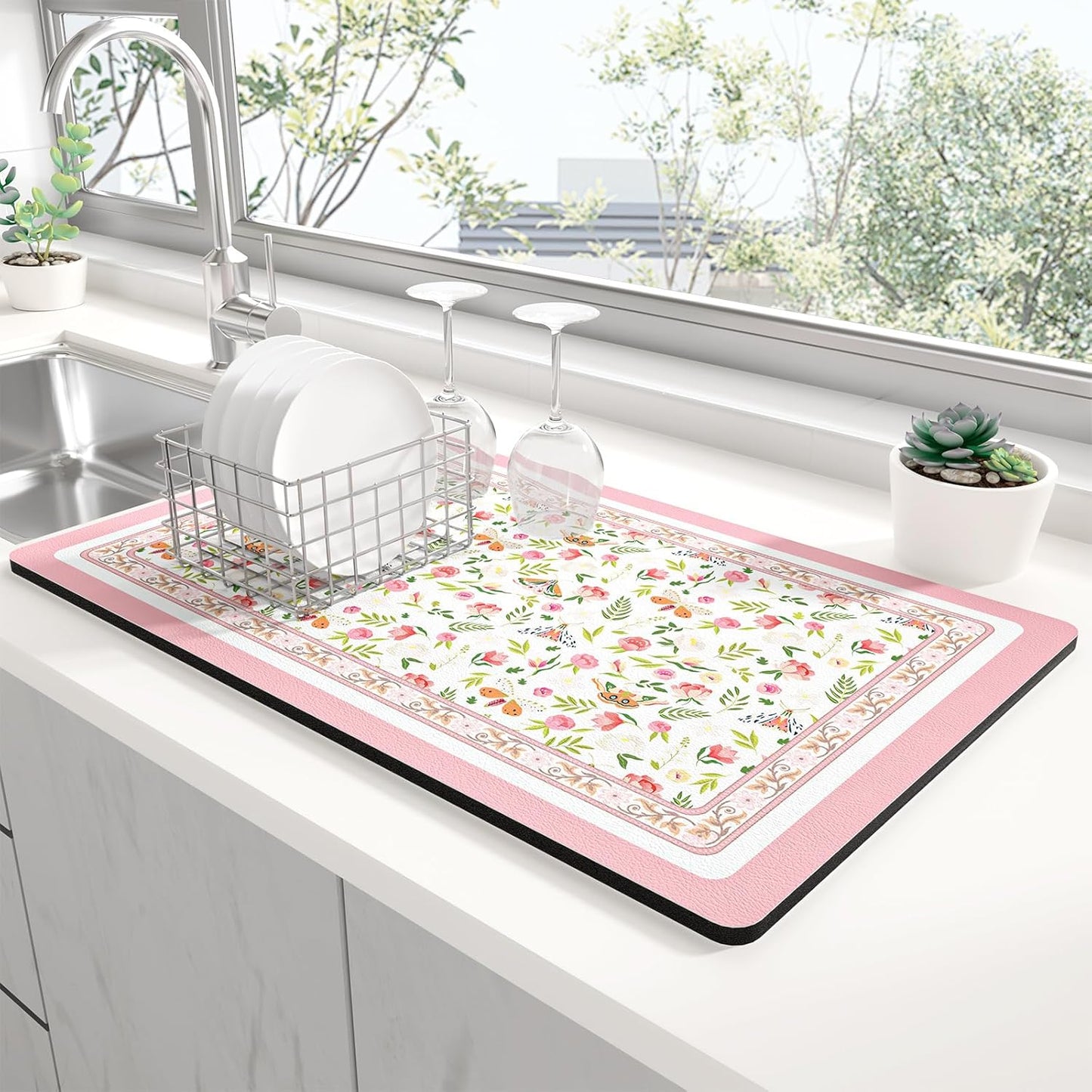 Rnivvi Dish Drying Mat for Kitchen Counter, 12 x 19" Cute Flower Theme Super Absorbent Draining Pad, Non-Slip Heat Resistant Coffee Bar Mats for Coffee Machine Station Accessories, Pink Dish Rack Pad