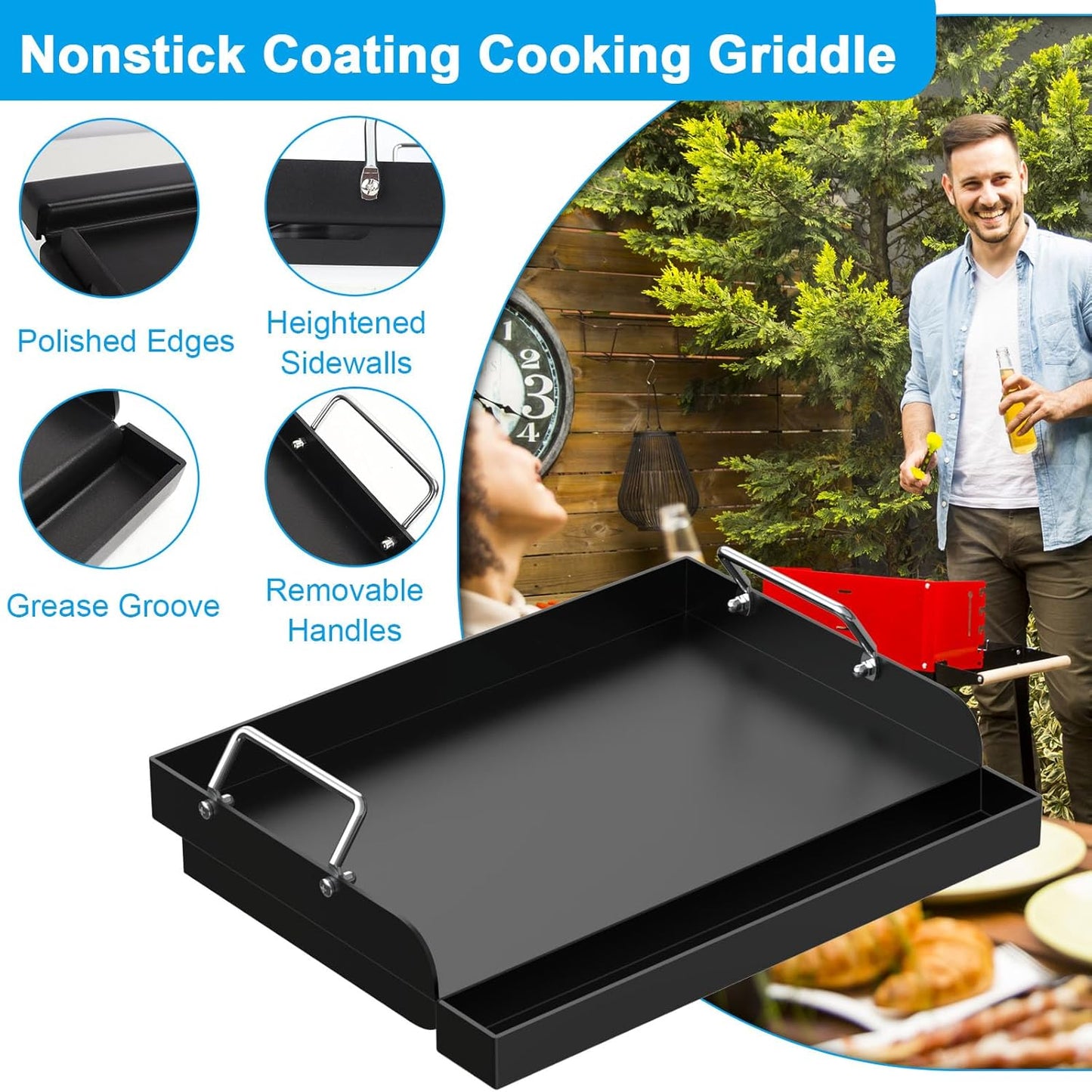 Nonstick Grill Griddle for Most Gas Grill 17" x 13" Universal Flat Top Cooking Plate Insert for Charcoal/Gas/Electric Oven with Grease Groove and Removable Handles