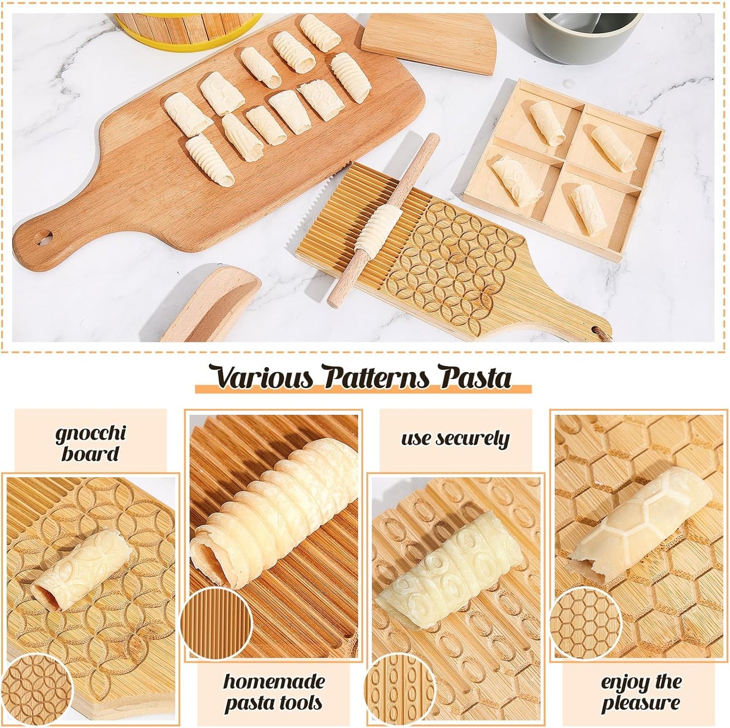 Tioncy 7 Pcs Gnocchi Pasta Making Tool, Wood Gnocchi Board with Ravioli Stamp and Rolling Pin Set Homemade Kitchen Gift for Baking Lovers(Dumpling Style)