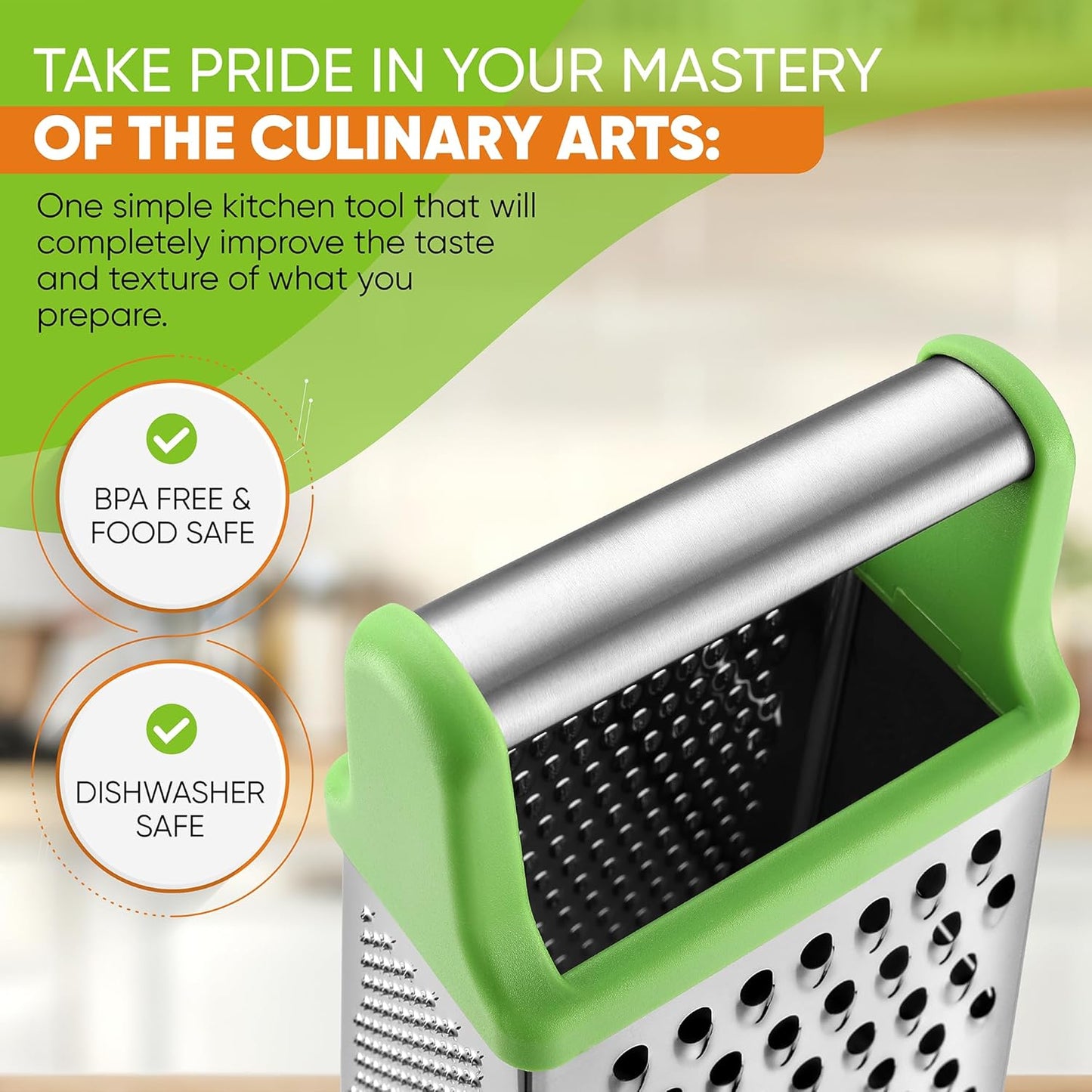 Spring Chef Green Professional Stainless Steel XL Parmesan Cheese Grater with Handle - 4 Sided Box Grater for Kitchen - Dishwasher Safe Food Shredder for Carrot, Potato, Vegetables, Ginger, Hash Brown