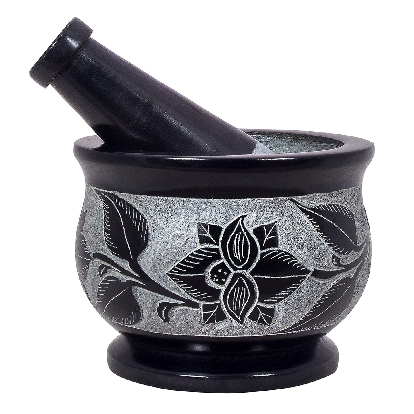 Mortar and Pestle, Made of Heavy Duty Polished Hard Stone, Natural Stone Grinder for Spices, Pastes, Herbs, Seasoning etc. (Floral)