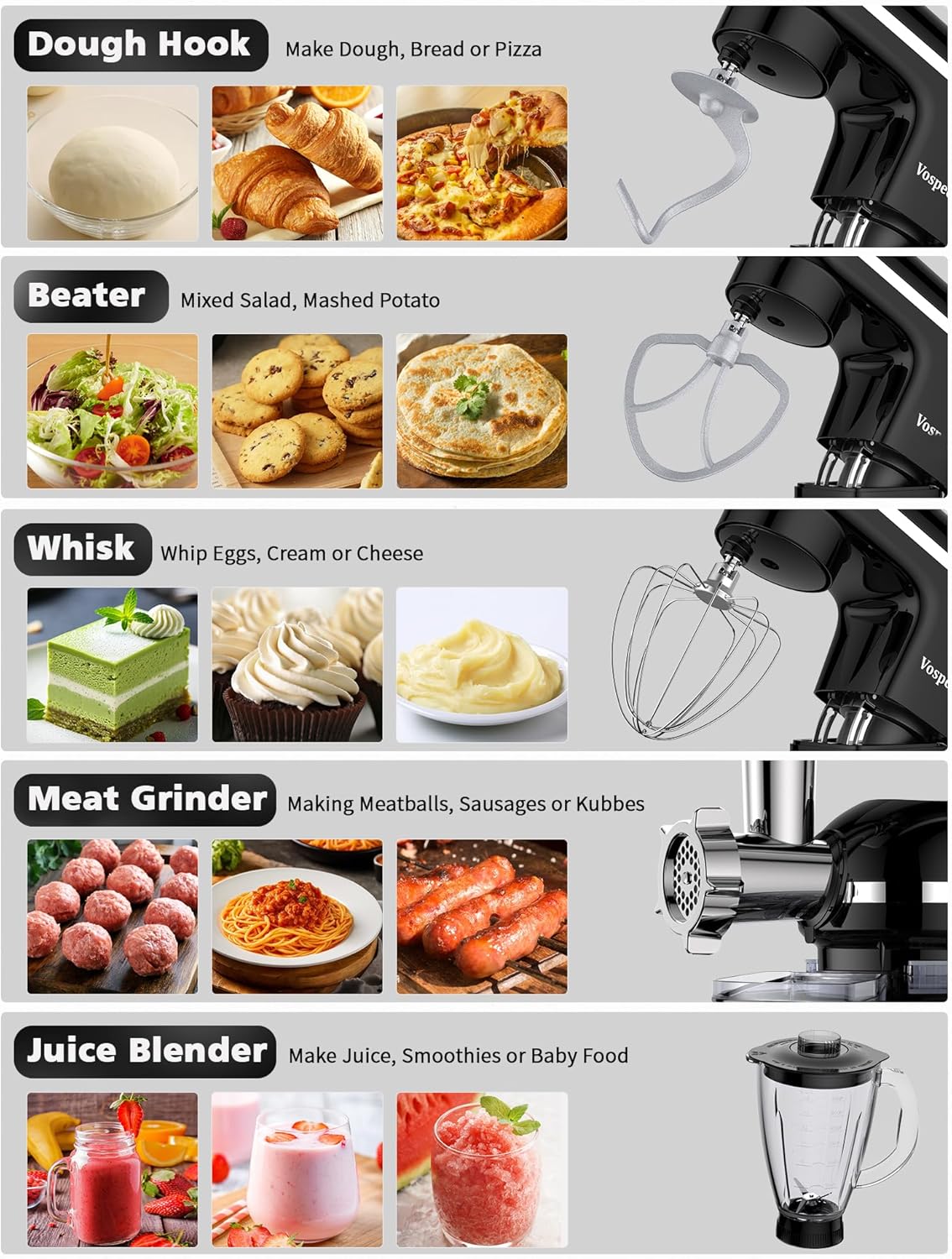 Vospeed 9 IN 1 Stand Mixer, 850W Tilt-Head Multifunctional Electric Mixer with 8 QT Stainless Steel Bowl, 1.5L Glass Jar, Meat Grinder, Hook, Whisk, Beater Dishwasher Safe (Black)